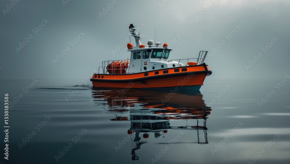 Fototapeta premium A rescue lifeboat on the surface of the water with a dark background.