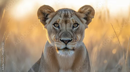 Fototapeta Stunning close-up of a lioness in the golden grasslands at sunset in a wildlife reserve Generative AI