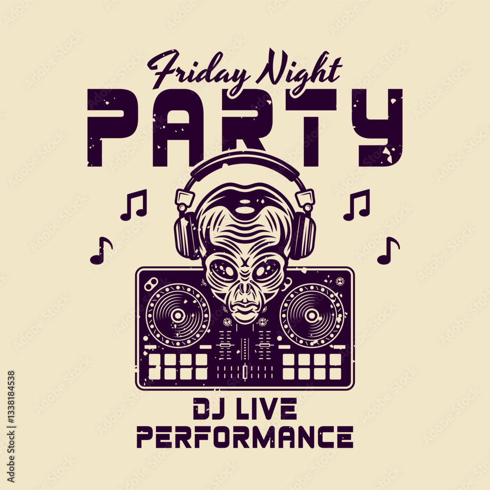 Obraz premium Dj party night club vector colored emblem with alien head in headphones and dj mixer controller illustration