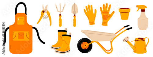A collection of gardening tools including a watering can, wheelbarrow, gloves, pruning shears, boots, and apron. Perfect for horticulture and backyard work.