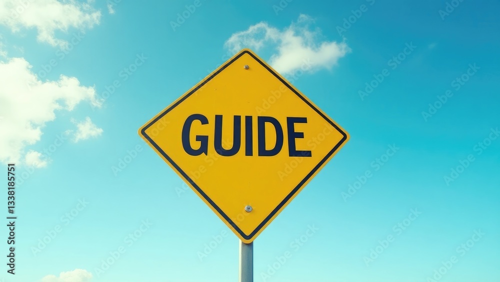 Yellow transportation sign featuring the word guide against a blue sky background. Yellow transportation sign featuring the word guide against a blue sky background.