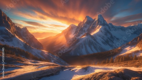 Fototapeta Naklejka Na Ścianę i Meble -  Golden Sunset Above Snow-Capped Mountain Ridges. The Calm Beauty Of A Secluded Landscape. Adventure, Nature, And Peacefulness.