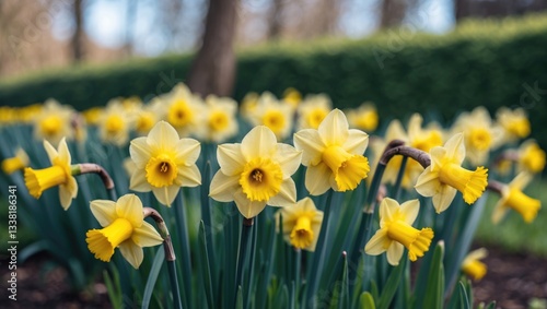 Daffodils in yellow bloom in a garden.
