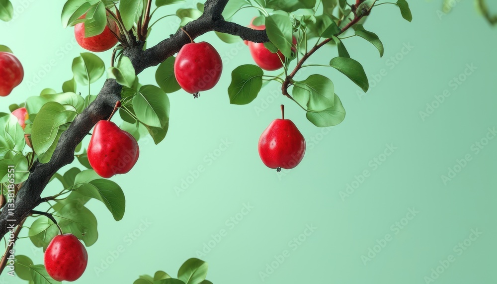 Obraz premium Hyper realistic top view of red pears on branch with copy space for design or print
