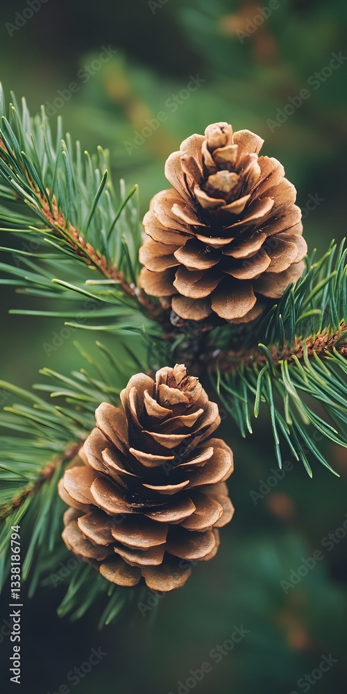 Two pine cones growing on a pine tree branch with green background Two pine cones growing on a pine tree branch with green background