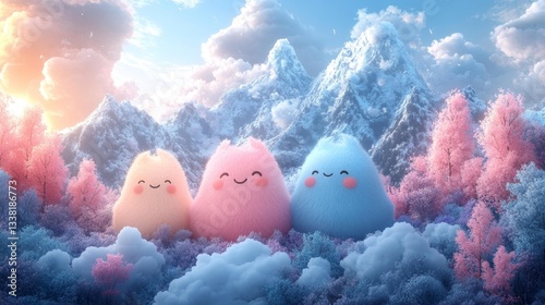 Adorable Kawaii Style Mountain Landscape with Soft Fluffy Creatures in Pastel Colors. Generative AI