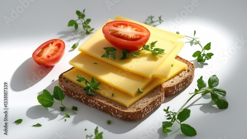 Gouda cheese slices placed on rye bread, viewed from above, isolated.