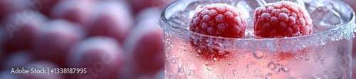 A Refreshing Cocktail with Frost and Frozen Raspberries. Generative AI photo