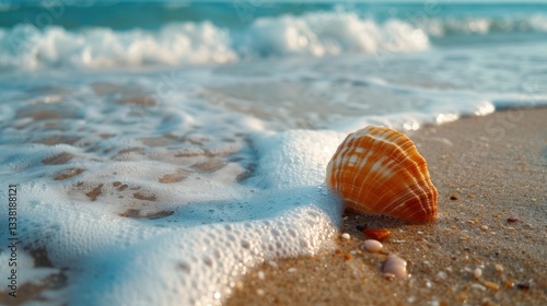 Seashell on sandy beach at sunrise, ocean waves washing ashore.  Possible use Travel brochure, vacation advertisement