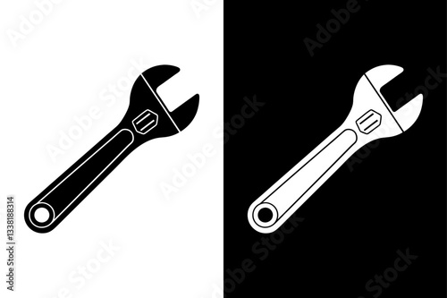 Minimalist Adjustable Wrench Vector Black & White Design.