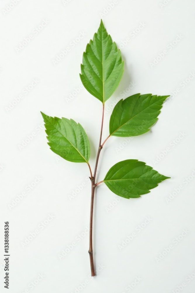 Single slender branch on white with delicate twigs and leaves, leaf, stem Single slender branch on white with delicate twigs and leaves, leaf, stem