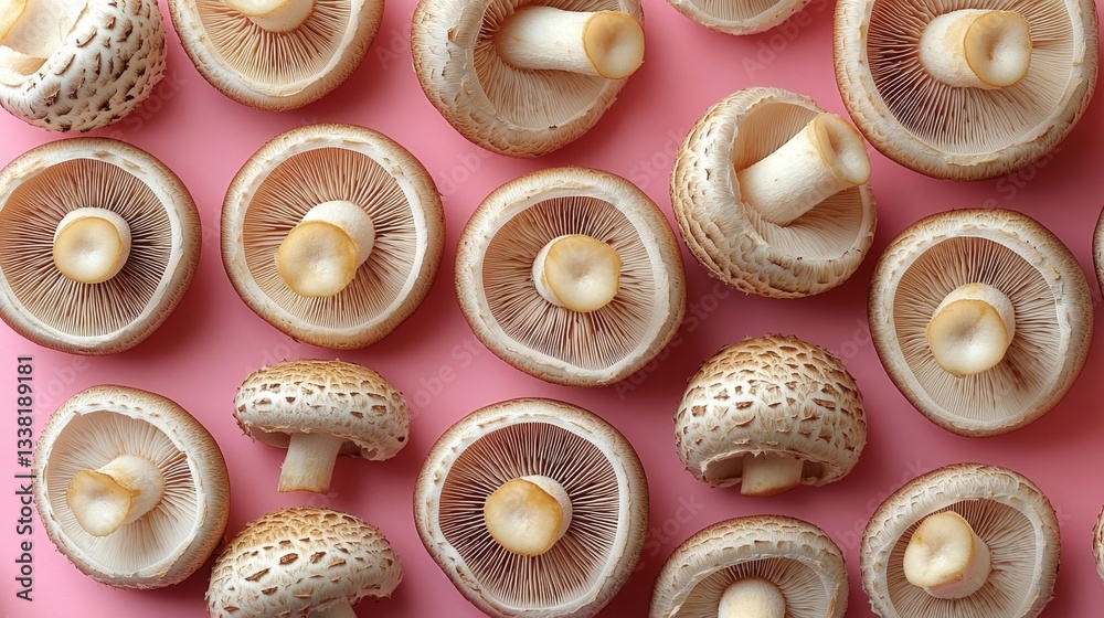 Symmetrical Layout of Fresh Mushrooms on Pink Background Creating a Modern Organized Look. Generative AI Symmetrical Layout of Fresh Mushrooms on Pink Background Creating a Modern Organized Look. Generative AI