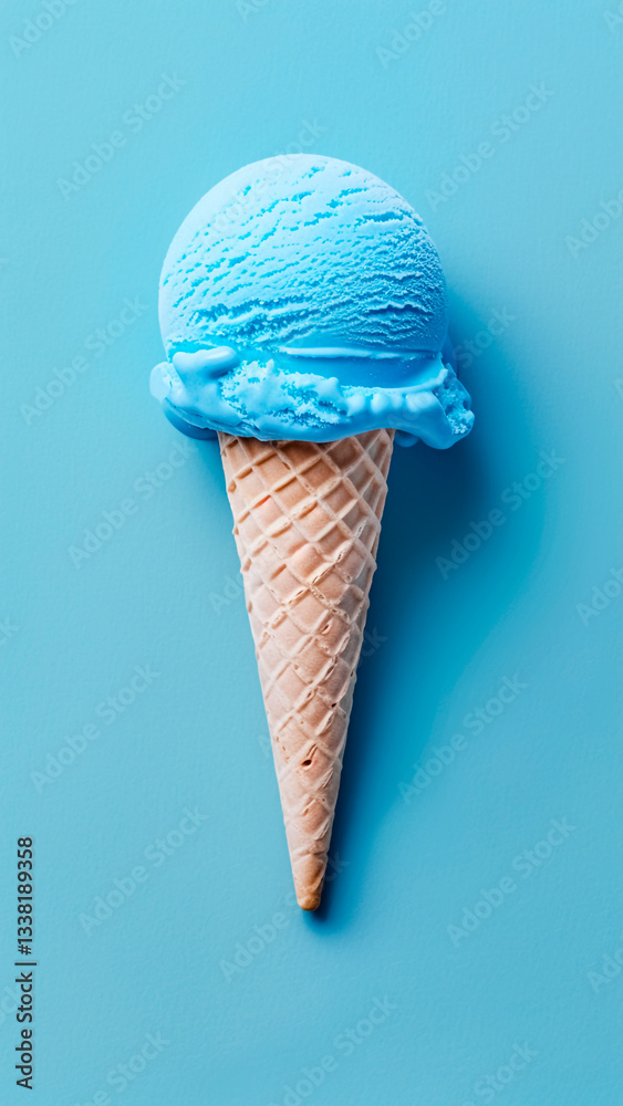 Blue Gelato Cone on Pastel Blue Background. Summer Concept, Delicious Dessert, Sweet Delight.