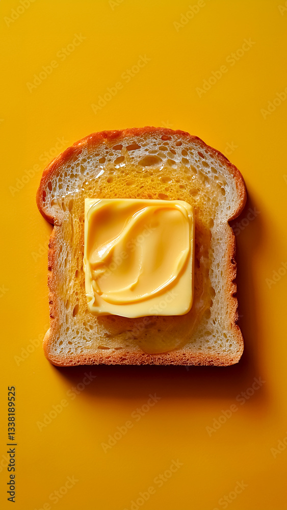 Butter Slice Melting on Bread Surface. Gourmet Ingredient, Morning Meal, Comfort Cuisine.