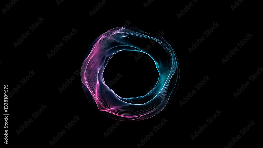 Neon Circle with Flowing Wavy Lines on Black Background. Futuristic Design, Effects Art, Modern Tech.