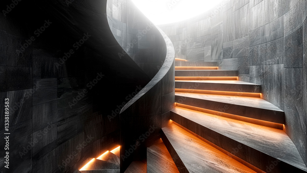 Dark Curvy Stairs Highlighting Orange Lights. Interior Design, Modern Architecture, Futuristic Design.