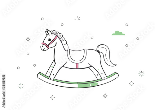 Elegant Rocking Horse Artwork, Intricate Line Drawing of a Wooden Toy. Timeless Rocking Horse Sketch Style Illustration