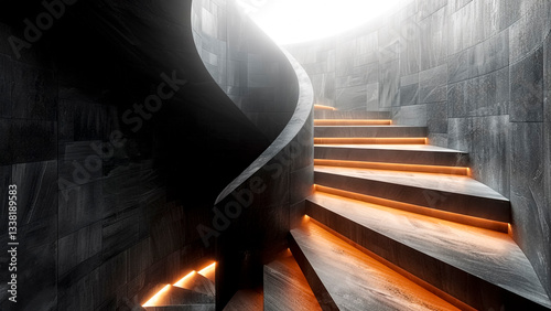 Dark Curvy Stairs Highlighting Orange Lights. Interior Design, Modern Architecture, Futuristic Design.
