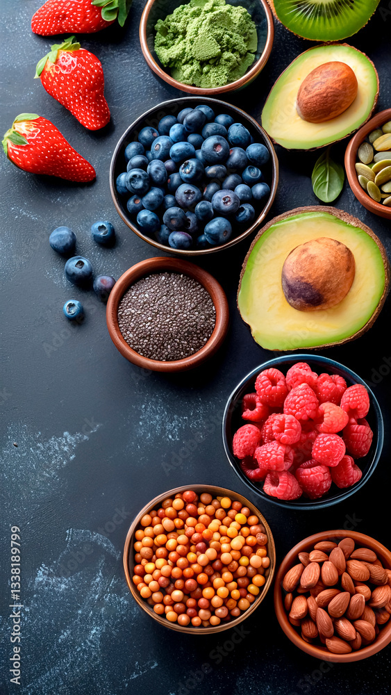 Top View of Healthy Nutrition Food. Healthy Eating, Wellness Concept, Vegan Diet.