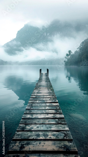 Obraz na płótnie Wooden Pier Overlooking Misty Lake on Mountain Backdrop. Serene Landscape, Peaceful Retreat, Nature Tranquility. w salonie