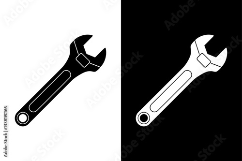Minimalist Adjustable Wrench Vector Black & White Design.
