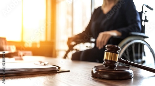 Courtroom scene showing a gavel and a person in a wheelchair during a legal proceeding for justice