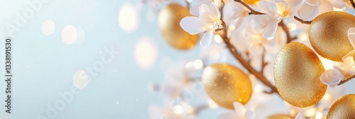 Elegant Gold Eggs Amidst Glowing Festive Blossoms