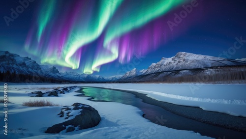 Northern Lights over snowy mountains, sandy beach, and creek during a starry winter night. Stunning Aurora borealis. Sky filled with polar lights. Landscape featuring aurora, ocean, stream, and sno...