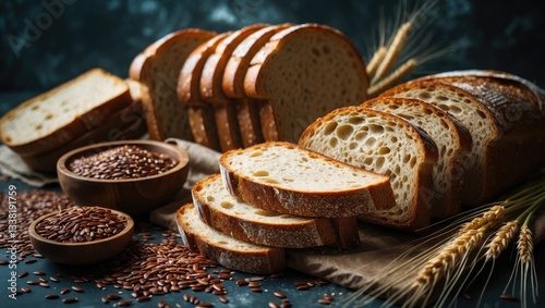 Slices of freshly baked bread with flaxseed, focused selectively.