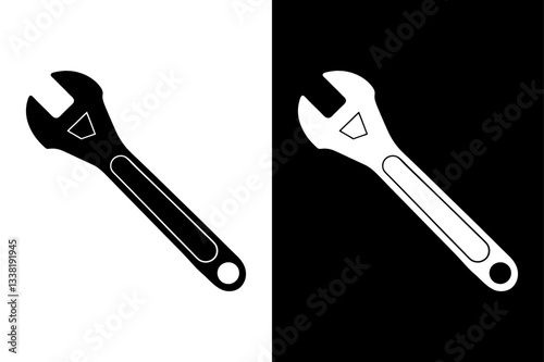 Adjustable Wrench Clipart Clean Black & White Silhouette.