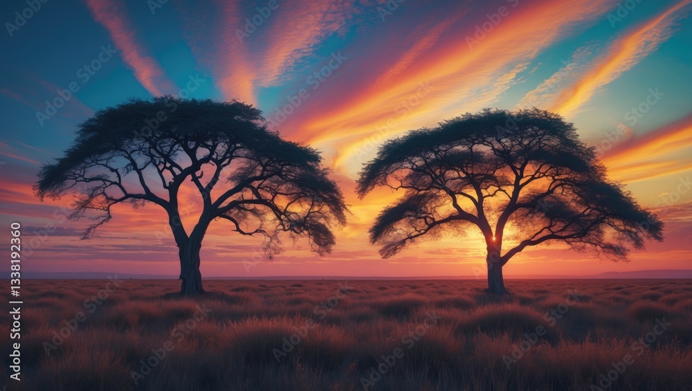 Naklejka premium Silhouette of acacia trees during sunset