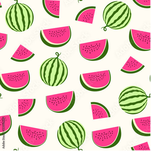 Summer seamless pattern with watermelon. Vector summer illustration. Colorful background in a flat style. Watermelons on a light background.