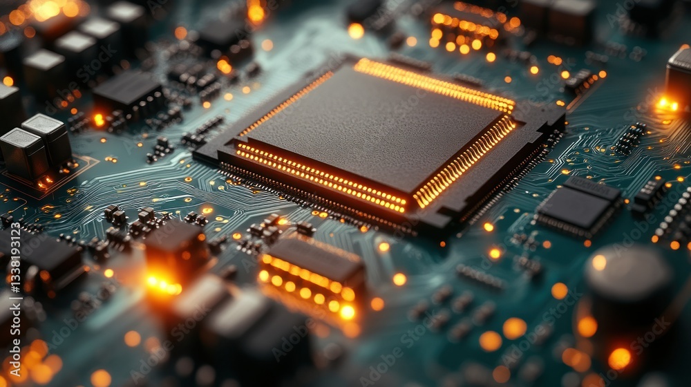 Illuminated Circuit Board: A Close-Up of a Microchip's Technological Marvel Illuminated Circuit Board: A Close-Up of a Microchip's Technological Marvel