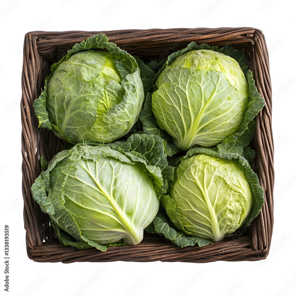 Fototapeta premium Freshly Harvested Green Cabbages Neatly Arranged in a Wicker Basket on a White Background