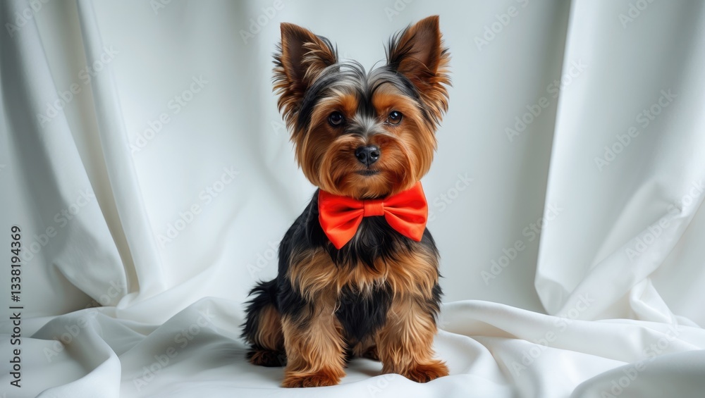 Yorkshire Terrier dog sits and gazes against a white backdrop. Yorkshire Terrier dog sits and gazes against a white backdrop.