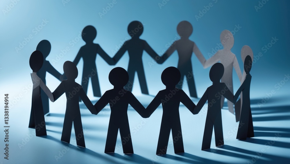 Teamwork demonstrates unity and solidarity concept. Collaboration among co-workers. Paper human figures in blue tone with a background that has copy space. Teamwork demonstrates unity and solidarity concept. Collaboration among co-workers. Paper human figures in blue tone with a background that has copy space.