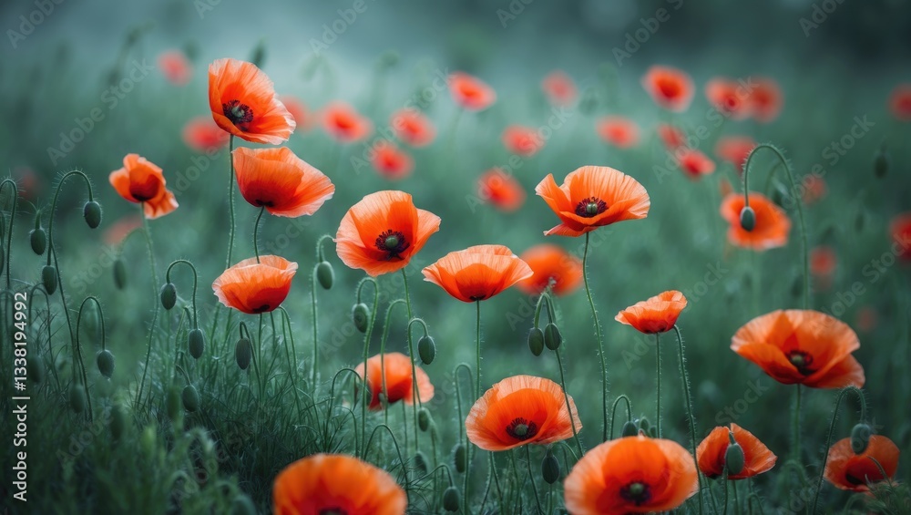 Obraz premium Gorgeous red poppies in the foreground. Flowers of red poppies blooming in a natural field. Stunning field of red poppies with selective focus.