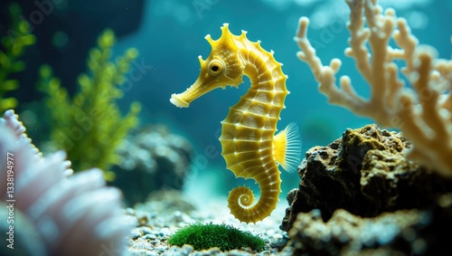 Yellow male Thorny Seahorse grasping a piece of Algae on a rubble patch.