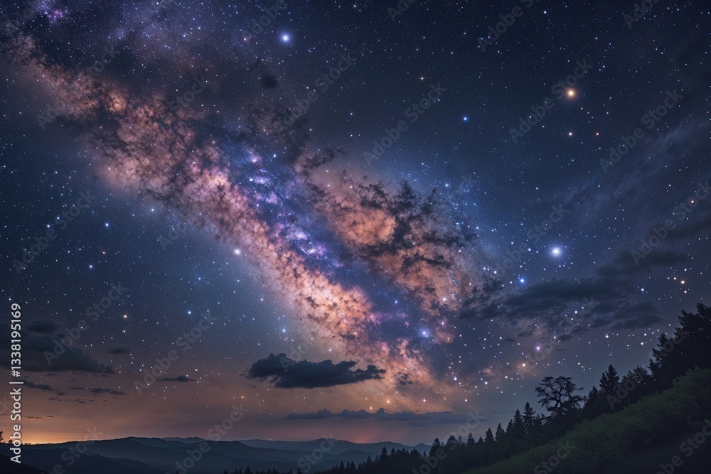 Fototapeta premium Tranquil Night Galactic Canvas: A Beautiful Cosmic Background of the Universe and Galaxy