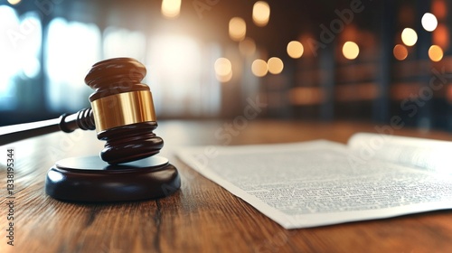 Justice and law enforcement in action at a court session with a gavel and legal documents photo