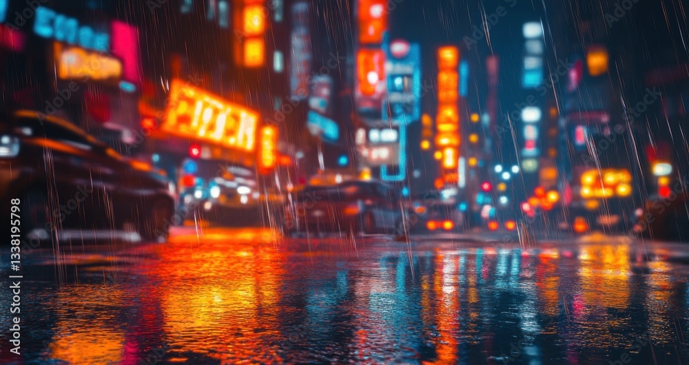 Naklejka premium Rainy Night in the City: Neon Lights and Reflections