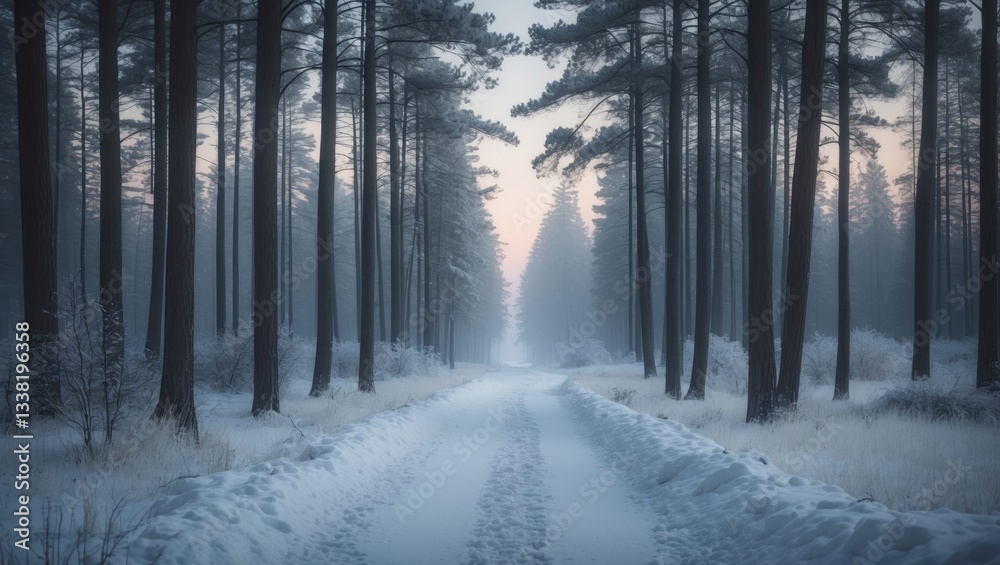 Fototapeta premium Snow-covered pathway flanked by tall pine trees in a winter forest scene.