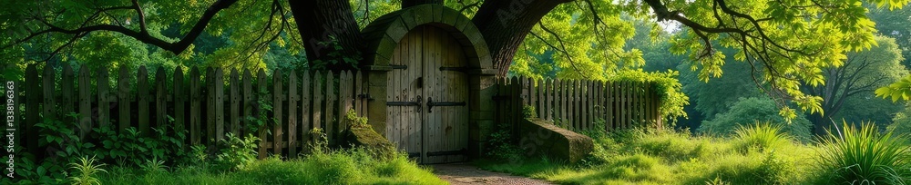 Weathered wooden gate leaning against a ancient tree, tree, ancient, forest Weathered wooden gate leaning against a ancient tree, tree, ancient, forest