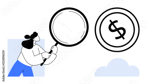 Woman holding magnifying glass focuses on large dollar symbol, representing financial analysis, evaluation, and investment. Ideal for finance, strategy, planning, business, earnings savings flat