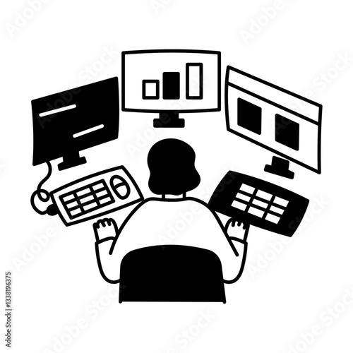 A character doing online research on multiple system, hand drawn illustration 


