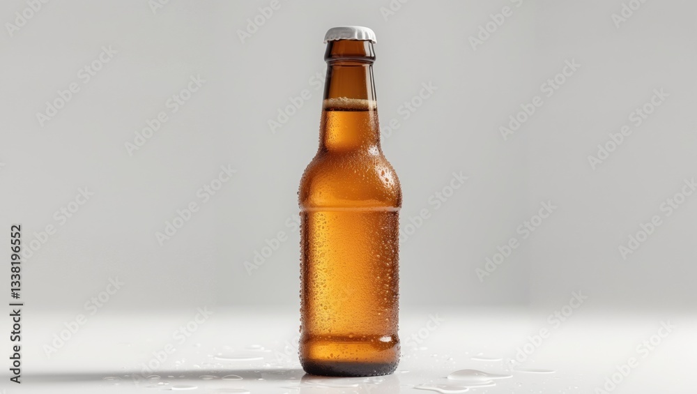 Small beer bottle with water droplets isolated on a white background, featuring a white cap. Small beer bottle with water droplets isolated on a white background, featuring a white cap.