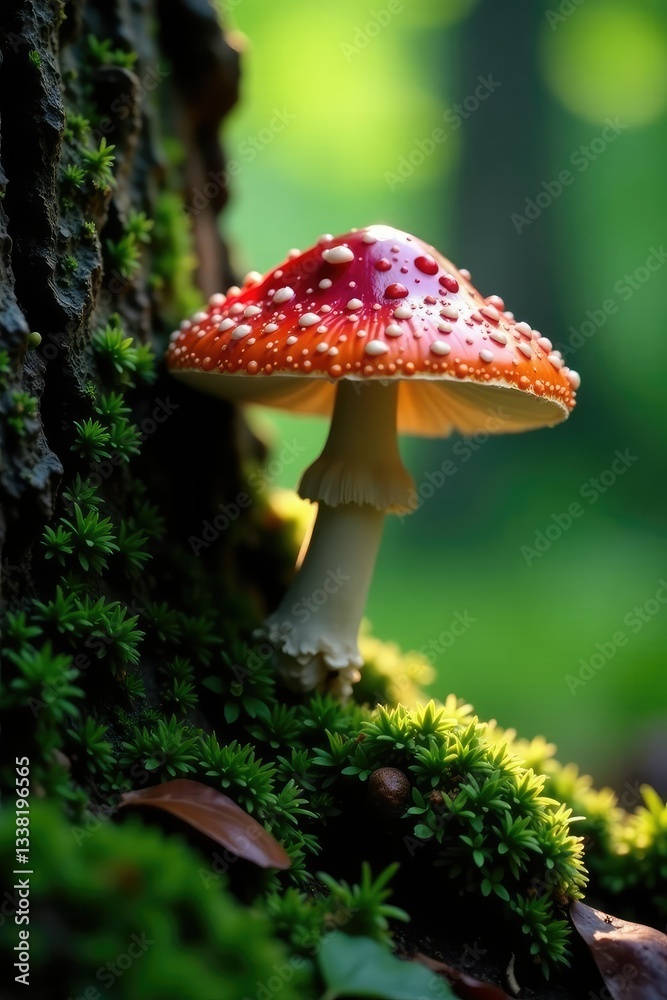 Fototapeta premium Weeping mushroom on tree trunk with single rain drop, verdant, leaf, tree