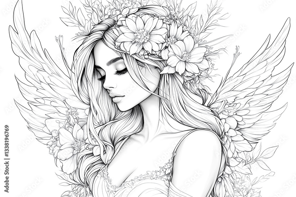 Fototapeta premium A woman with long hair and a flower crown on her head. The woman is wearing a dress and has a flower crown on her head