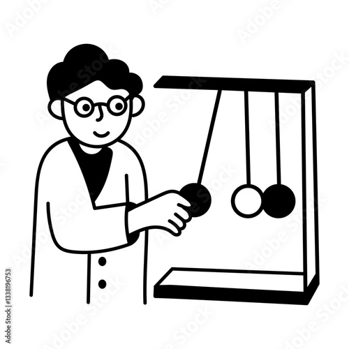 A scientist character doing pendulum experiment, hand drawn illustration 
