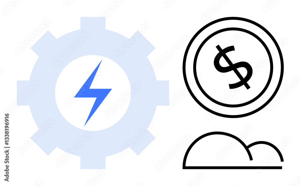 Gear with lightning bolt for energy, coin with dollar sign for finance, simple cloud outline. Ideal for energy, technology, finance, innovation, cloud services cost-efficiency sustainability. Flat Gear with lightning bolt for energy, coin with dollar sign for finance, simple cloud outline. Ideal for energy, technology, finance, innovation, cloud services cost-efficiency sustainability. Flat